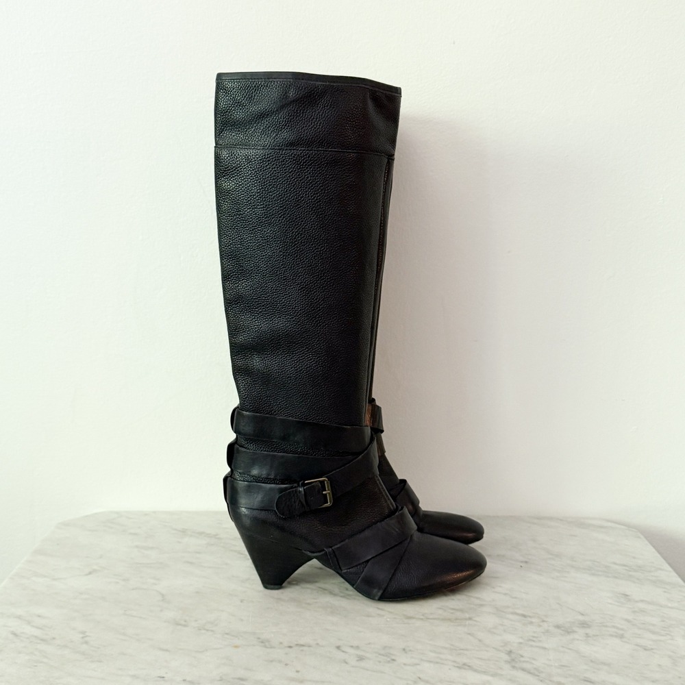 Cynthia Rowley Lainey Tall Buckle Boots 37 Black Pebbled Leather Cone Heel - Picture 4 of 9